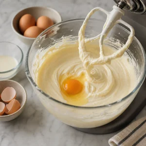 An egg added to smooth cheesecake batter in a mixing bowl.