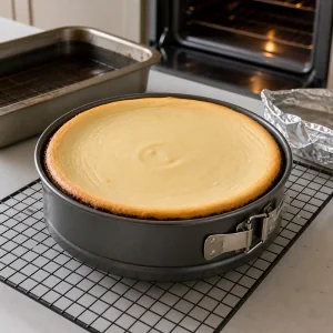 Baked cheesecake cooling in the springform pan on a wire rack.
