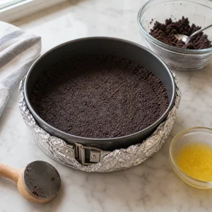Chocolate cookie crumb crust pressed into the springform pan.