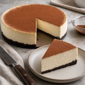 Cocoa-dusted cheesecake with a clean slice and chocolate crust.
