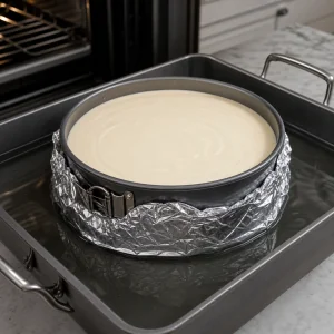 Filled springform pan set in a roasting pan with hot water.