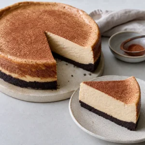 Finished Irish cream cheesecake with a cocoa-dusted top and one slice served.