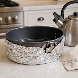 Foil-wrapped springform pan beside a kettle for the water bath.
