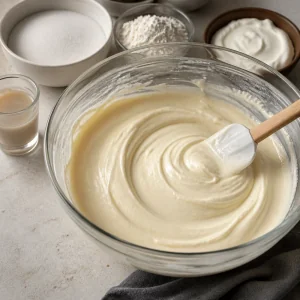 Glossy cheesecake batter in a glass mixing bowl.