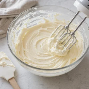 Smooth softened cream cheese in a mixing bowl with beaters.