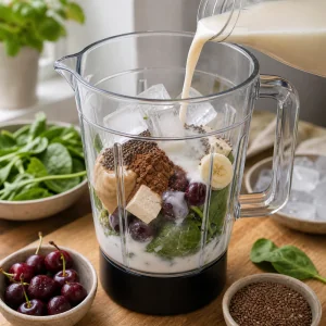 Mandelmilch und Eis im Smoothie-Mixer