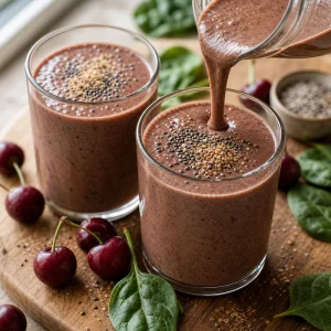 Schoko-Kirsch-Smoothie in zwei Glaesern mit Samen