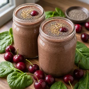Fertige Schoko-Kirsch-Smoothies mit Chia, Leinsamen und Kirschen
