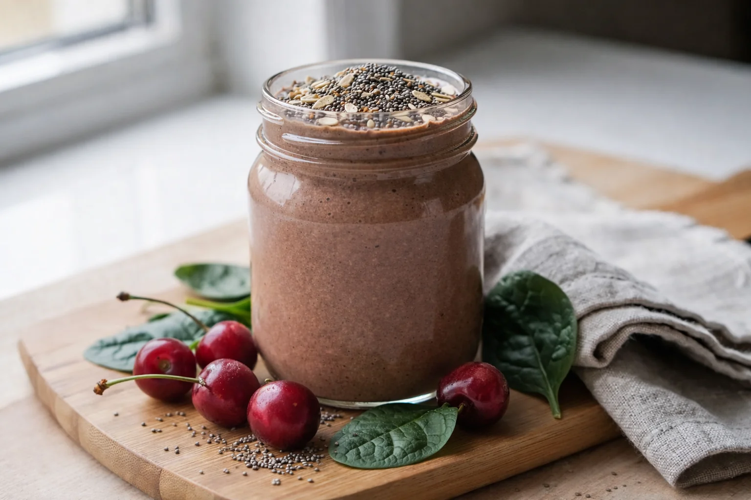 Eisenreicher Schoko-Kirsch-Smoothie mit Spinat & Leinsamen