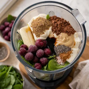 Smoothie-Zutaten geschichtet im Mixbecher