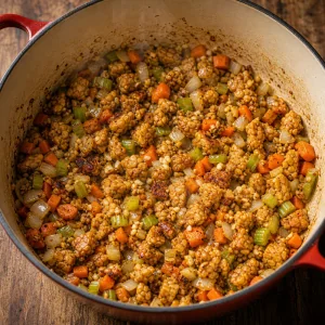 Crumbled tempeh browning with garlic and vegetables