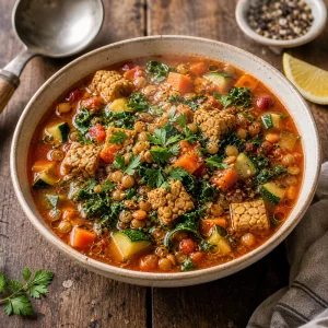 Finished minestrone with parsley and olive oil