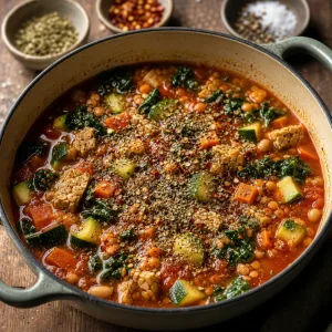 Herbs, pepper, and red flakes sprinkled over soup