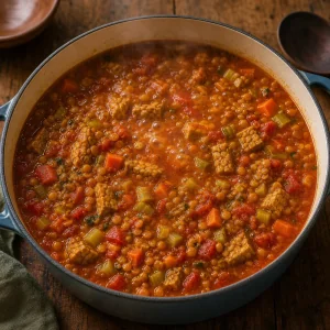 Lentil tomato soup simmering with small bubbles