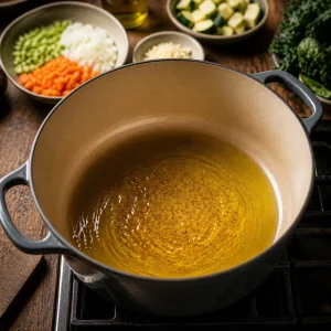Olive oil shimmering in a heavy pot