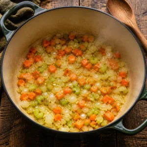Onion, carrot, and celery softening in olive oil