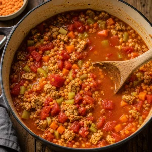 Tomatoes, red lentils, and broth stirred into the pot