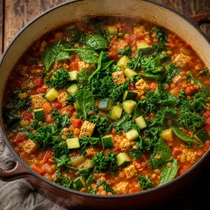 Zucchini, kale, and spinach wilting into minestrone