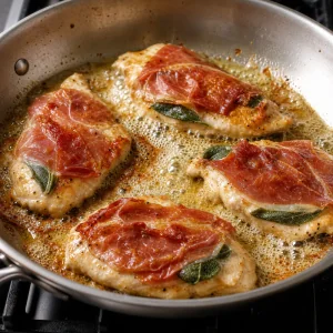 Chicken saltimbocca cutlets searing in foaming butter with crisping prosciutto