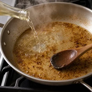 White wine being poured into a skillet to loosen browned bits for sauce
