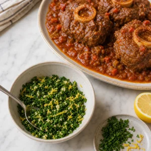 Parsley lemon garlic gremolata beside sauced osso buco