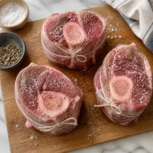 Raw veal shanks tied and seasoned on a cutting board