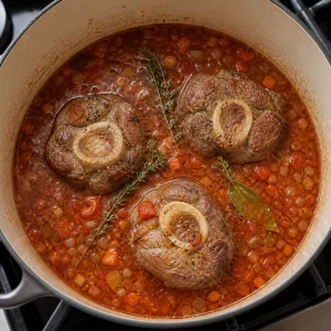Veal shanks in tomato braising liquid with thyme and bay