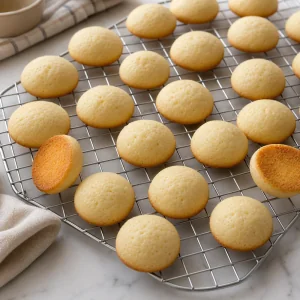 Baked cookie shells cooling on a wire rack