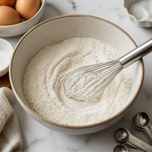 Dry cookie ingredients whisked in a bowl