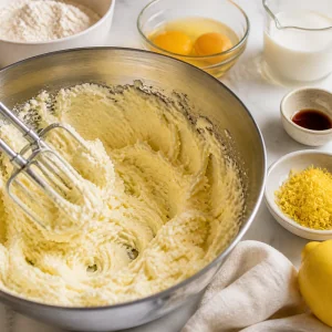 Fluffy butter mixture with wet ingredients for cookie dough