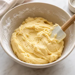 Soft cookie dough formed in a mixing bowl