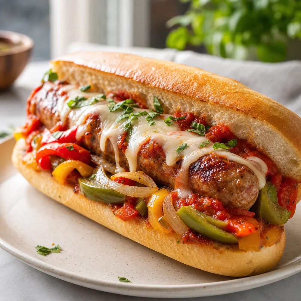 Italian sausage and peppers sandwich in a toasted roll