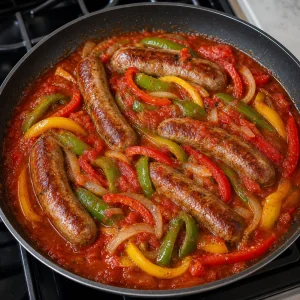 Sausages nestled in peppers and marinara sauce