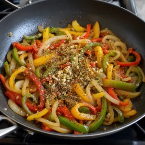 Seasoned peppers and onions in a skillet