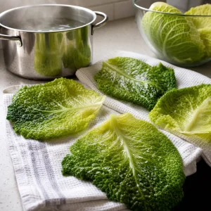 Blanched savoy cabbage leaves draining on kitchen towels