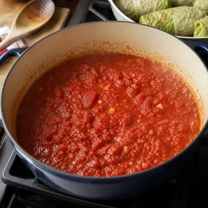 Crushed tomato sauce gently simmering in a wide Dutch oven