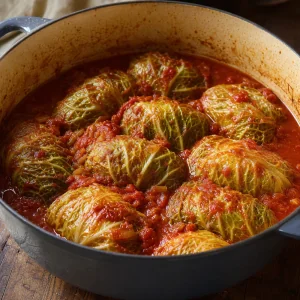 Finished stuffed cabbage rolls resting in thickened tomato sauce