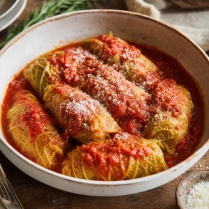 Italian stuffed cabbage rolls served in tomato sauce