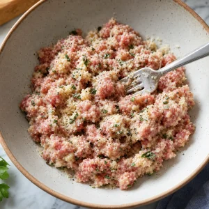 Sausage filling mixed with bread, herbs, and Parmesan in a bowl