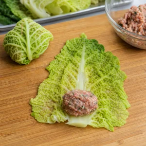 Savoy cabbage leaf wrapped around sausage filling and secured with a toothpick