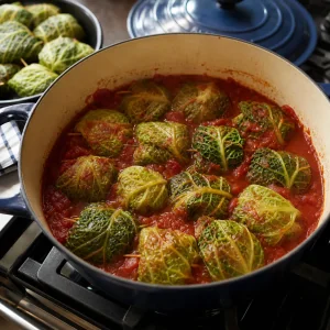 Stuffed cabbage packets nestled in tomato sauce before simmering