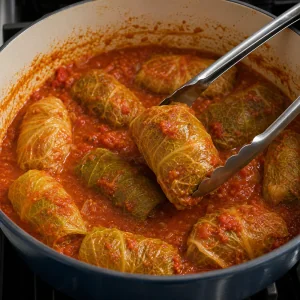 Tender cabbage rolls being turned carefully in tomato sauce