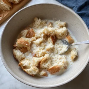 Torn bread soaking in milk and mashed in a mixing bowl