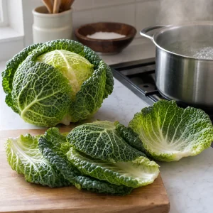 Whole savoy cabbage leaves separated beside a pot of boiling water