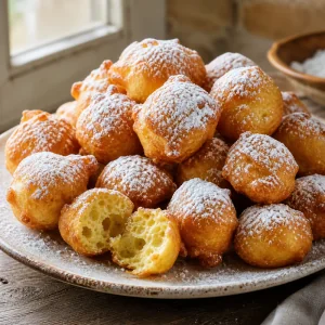 Finished Italian zeppole dusted with powdered sugar on a plate