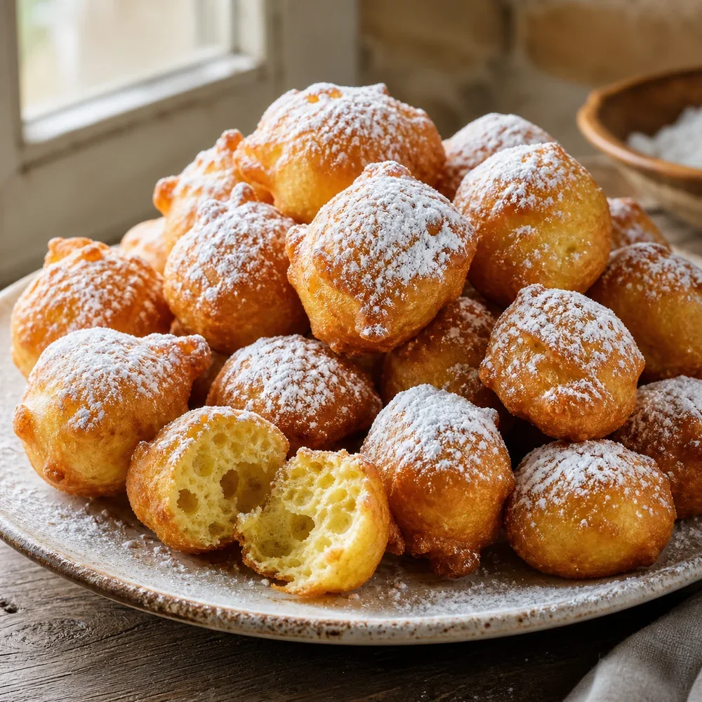 Finished Italian zeppole dusted with powdered sugar on a plate