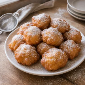 Finished zeppole served on a plate with a final dusting of powdered sugar
