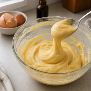 Glossy thick zeppole dough lifting from a spoon after eggs are mixed in