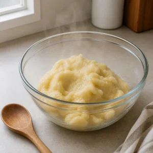 Hot cooked zeppole dough cooling in a mixing bowl