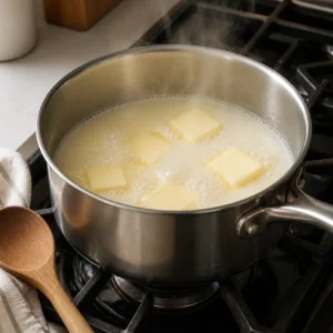 Milk, water, and butter simmering in a saucepan for zeppole dough